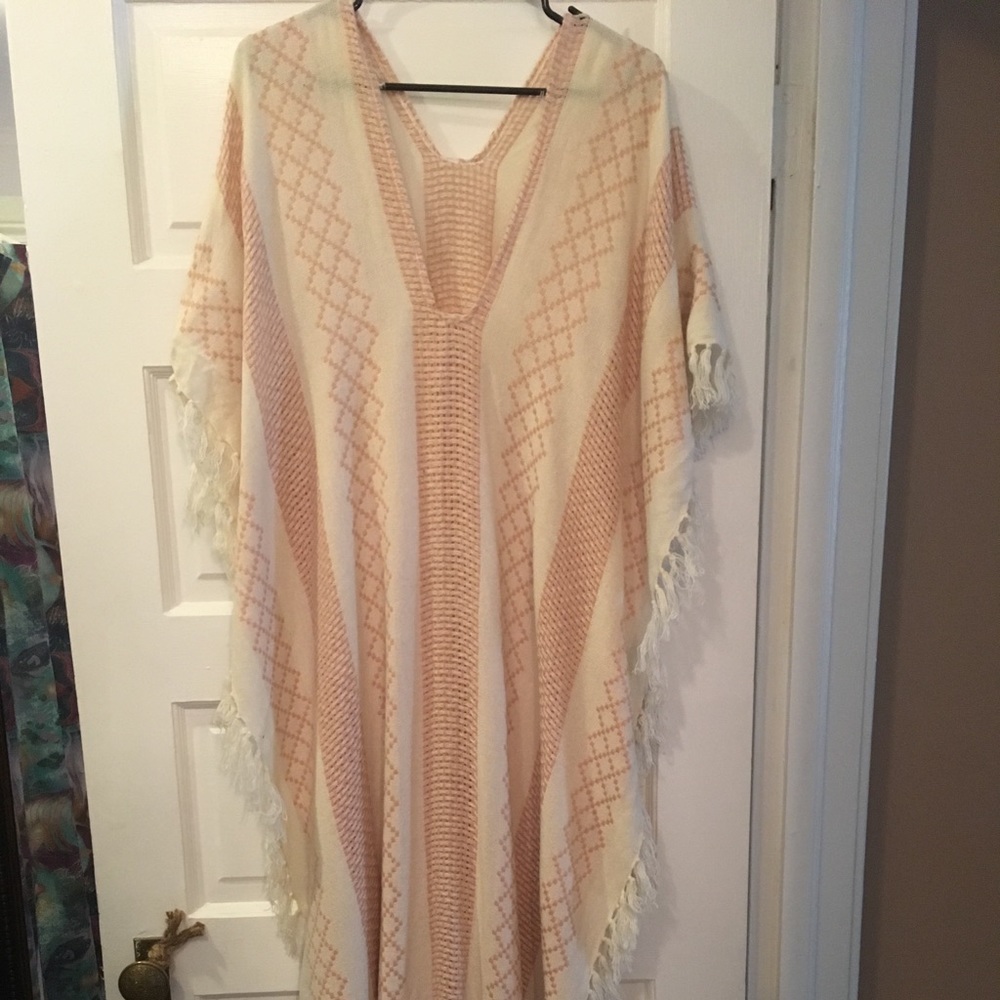 Free People Pink Cream Fringe Square Neck Poncho